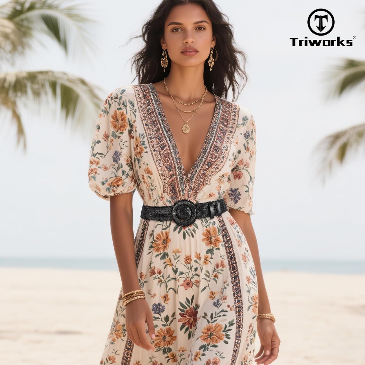 3 Pack Straw Woven Stretch Belt for Women,Raffia Elastic Belt for Dress Wide Boho Waist Belt with Round Buckle - Image 5