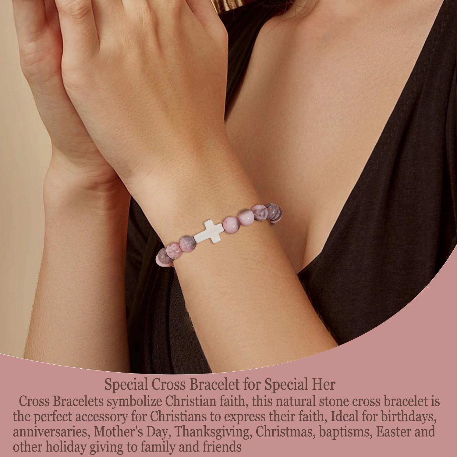COLOYAN 9Pcs Cross Natural Stone Bracelets for Women, 8mm Stone Beaded Cross Bracelet for Mother Grandma Wife, with 9 Meaningful Card Inspirational - Image 5