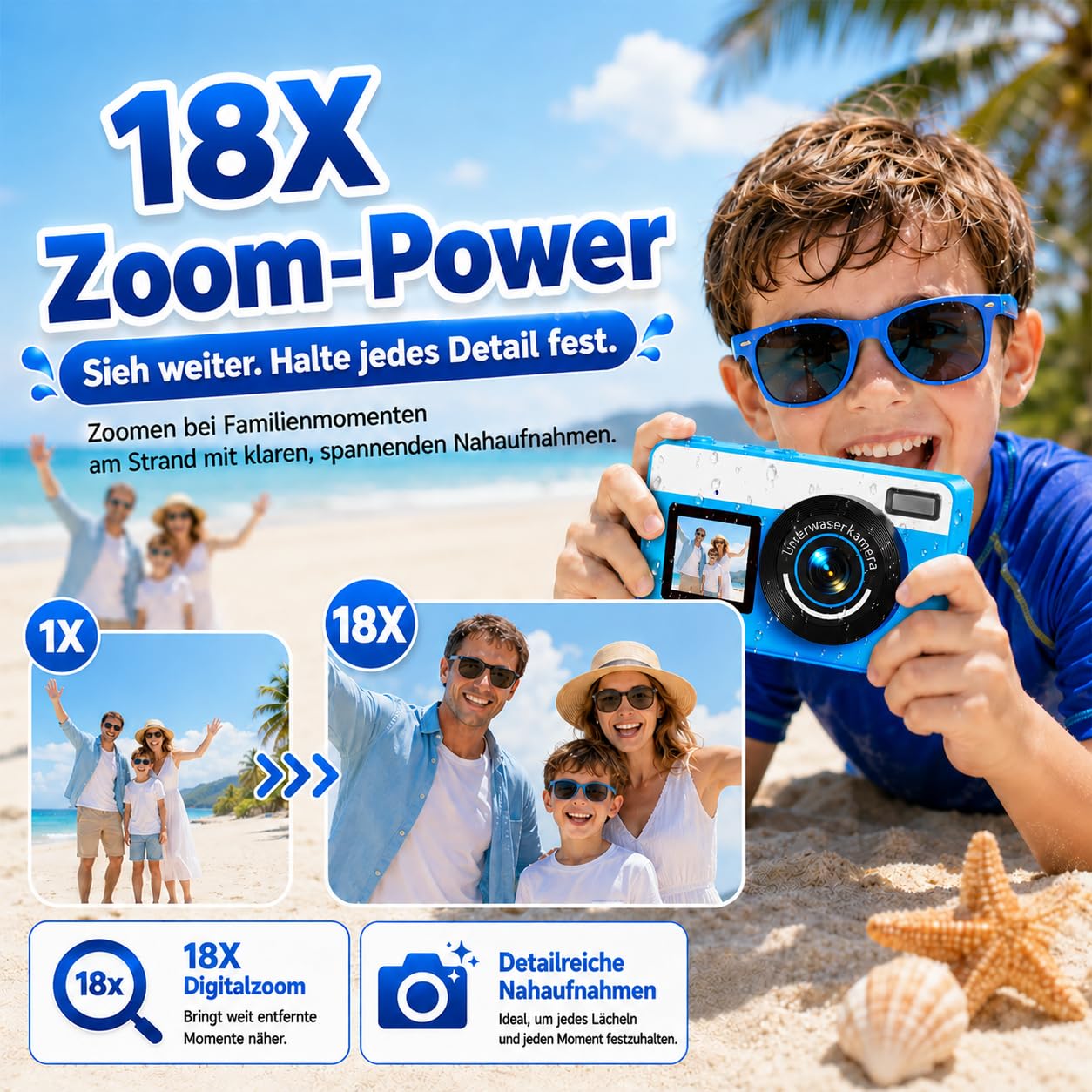 Maxmango D70 4K Unterwasserkamera,48MP 10FT Wasserdicht für Schnorcheln,Dual Screen Selfie Autofokus Digitalkamera with 16GB Karte für Jungen und Mädchen Schnorcheln Schwimmen