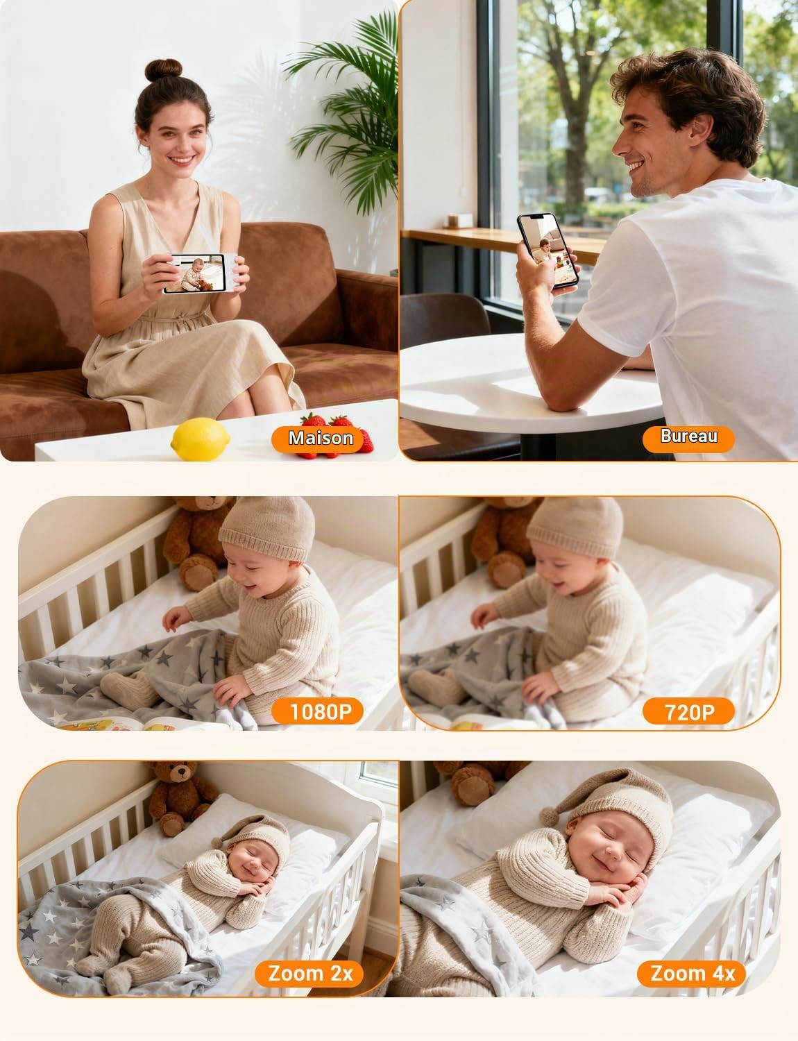 BURNNOVE Babyphone Camera WiFi 5" Camera Bebe 720P Babyphone Connecté Application Telephone Surveillance des Mouvements Suivi Automatique Vision Nocturne 360° Caméra avec Veilleuse Zoom 4X Carte TF