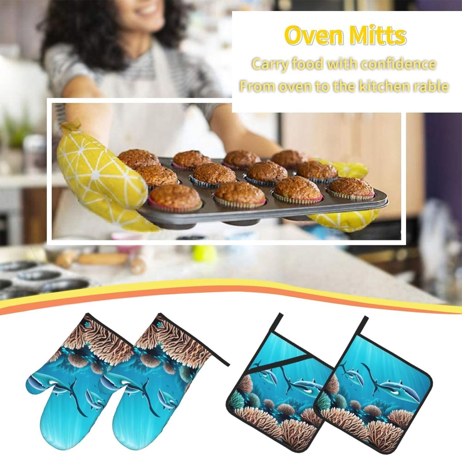 Deep Sea Whales Oven gloves and heat-resistant mat 4-piece set. Suitable for grilling, microwave oven frying, and baking