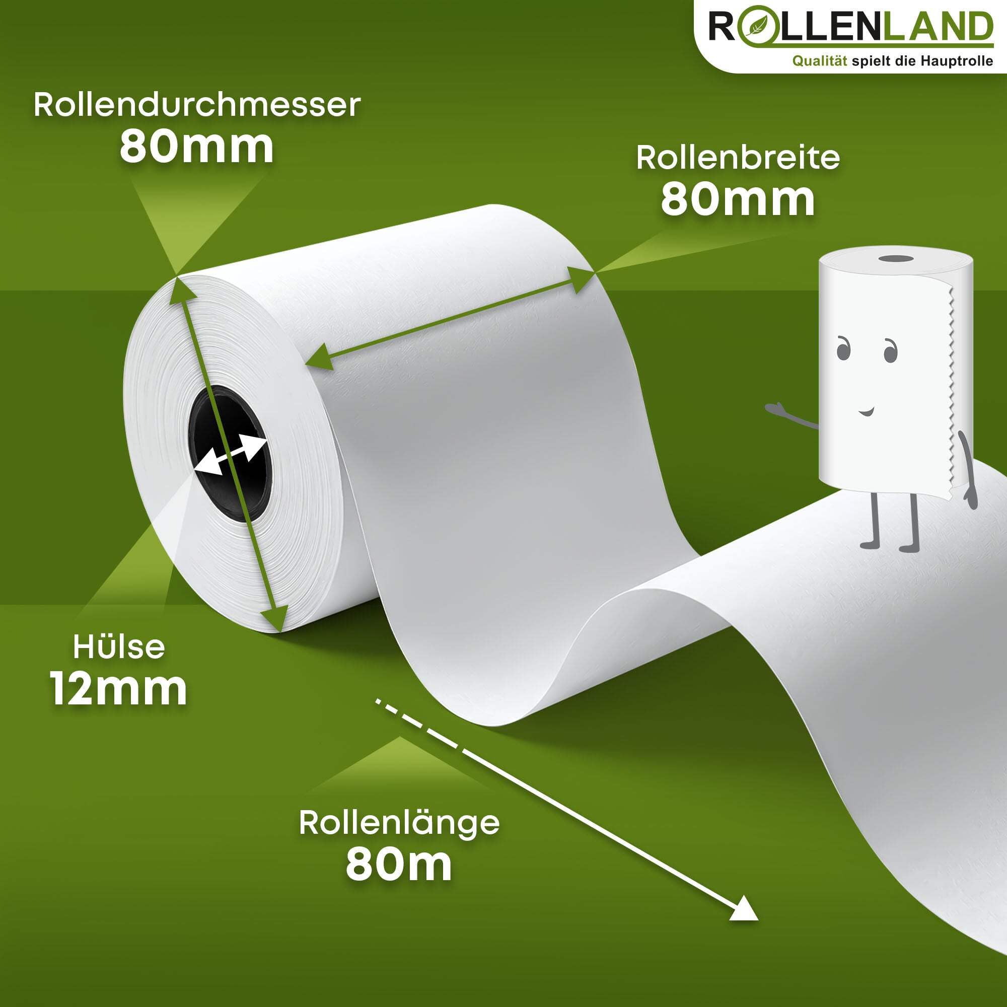 ROLLENLAND 50 Thermorollen 80x80x12 [80 m Lauflänge & BPA frei] Kassenrollen, Bonrollen, Thermopapier Rollen ohne Aufdruck, 48 g/qm, für Kasse und Bondrucker