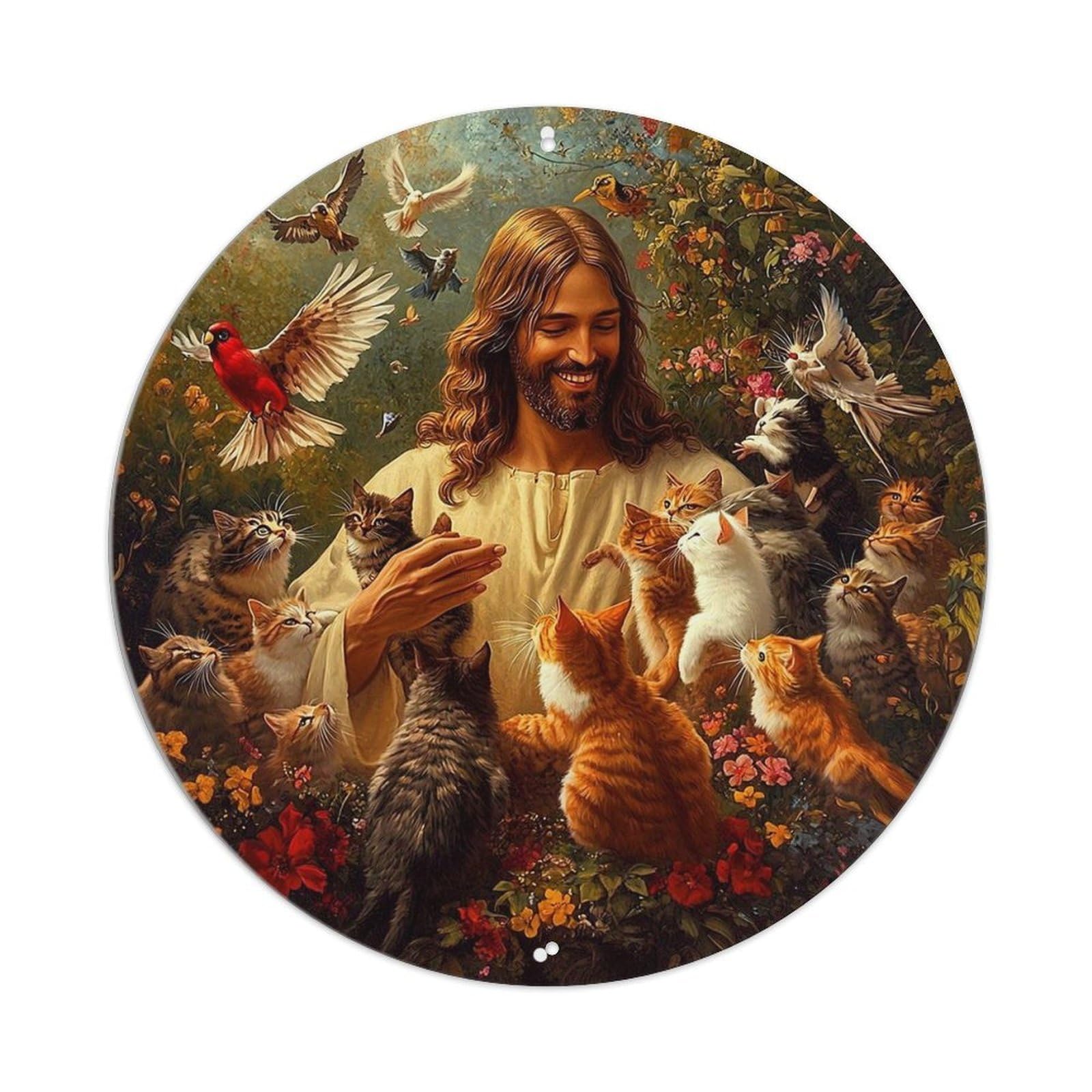 Jesus Surrounded By Many Cats Vintage Metal Tin Sign Retro Wall Decor for Home Bar Garage Cafe, Indoor & Outdoor Decorative，circle Metal Poster, 8x8 Inch