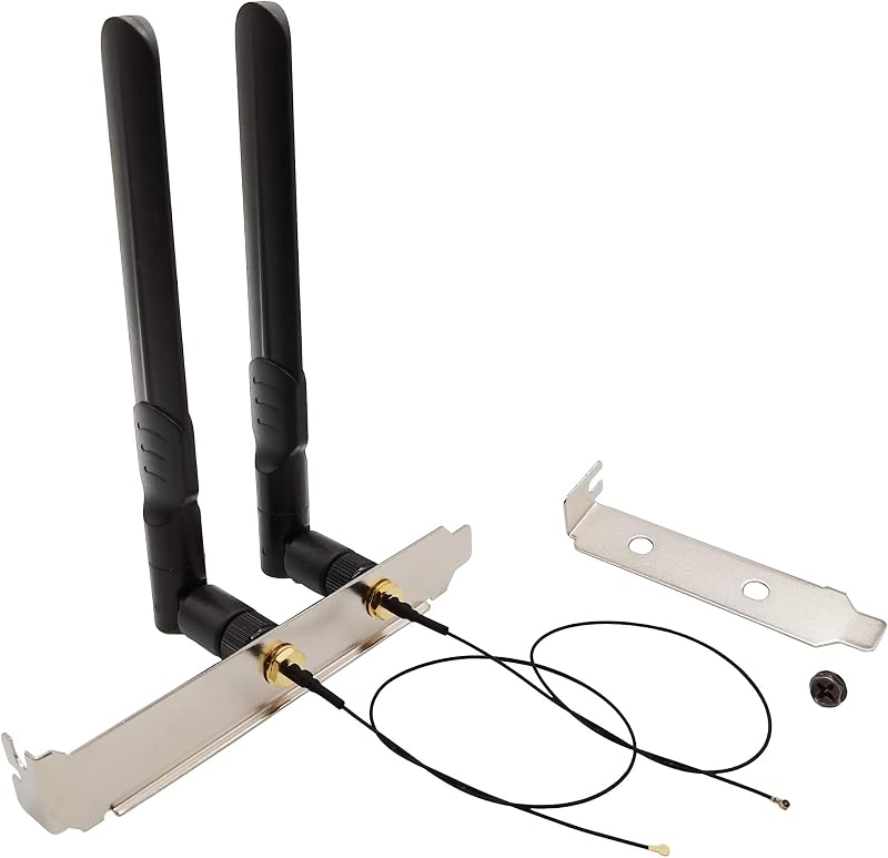 WiFi Antenna Dual-Band 8dBi RP-SMA Male MHF4 Cable Kit for M.2 NGFF Card | 2.4Ghz 5.8Ghz M2 WiFi antenna kit. Includes antennas, MHF4 extension cables, and computer back slot cover brackets