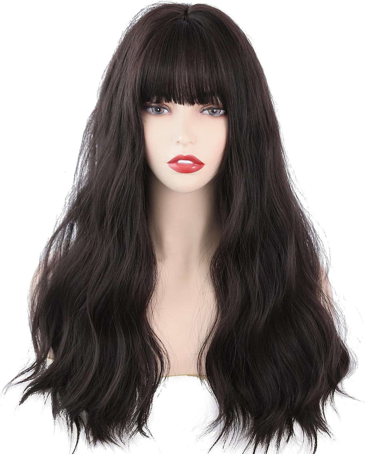 7JHH WIGS Natural Long Wavy Curly Wig for Women Hair Dye Synthetic Full Wig With Bangs (Black tea)