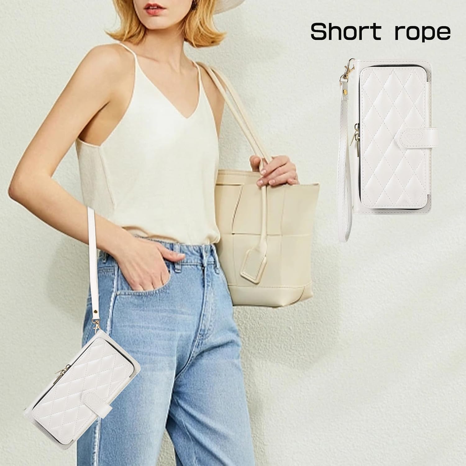 Wallet Case for iPhone 14 Plus 6.7 inch with Zipper Card Holder & Shoulder Strap & Wrist Strap, Crossbody Purse Handbag Stylish Protective Cover for iPhone 14 Plus -White - Image 5