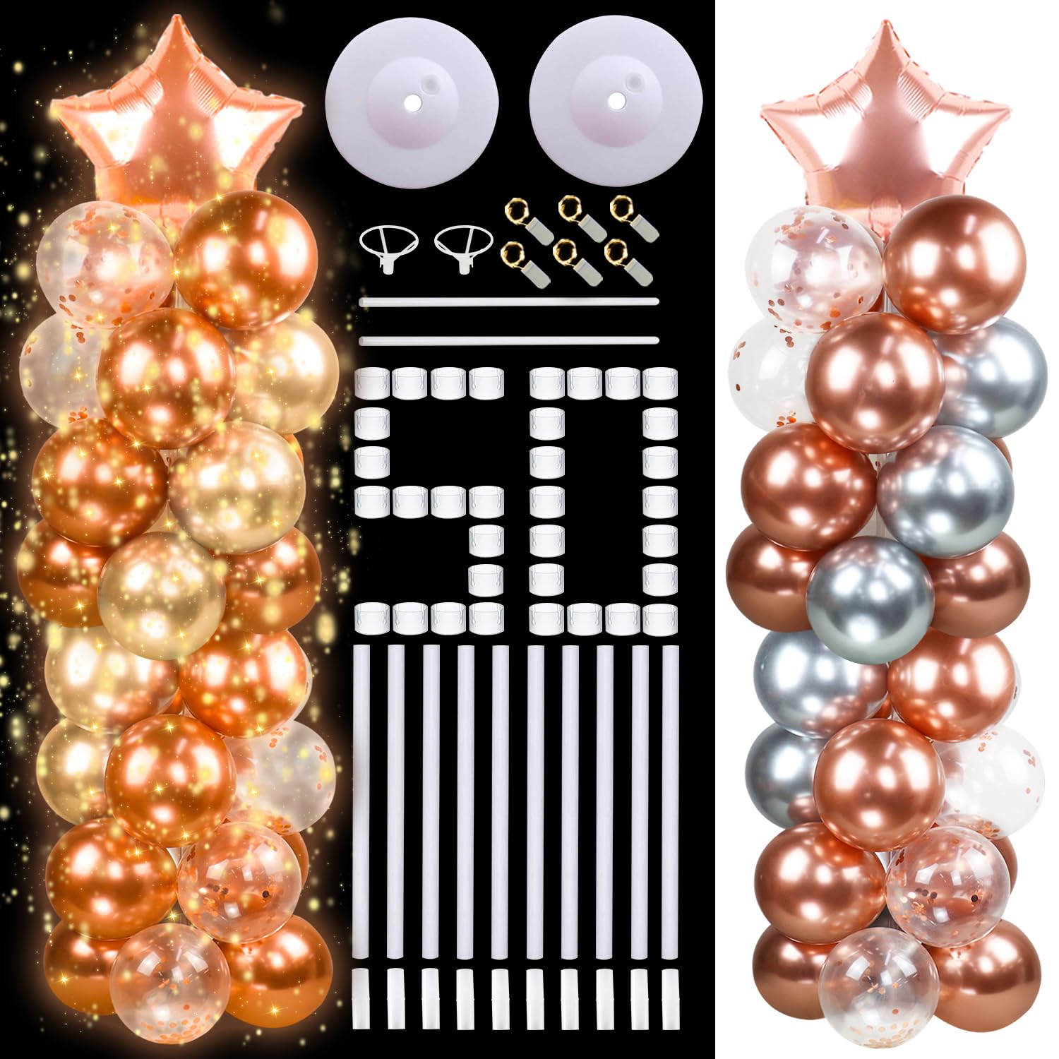 2 Set 1.5m Columna de Globos con Globos, Globos Oro Rosa, Globos Estrella, Luces Led, 82 Unidades de Globos para Cumpleaños, Bodas, Aniversarios, Fiesta de Navidad
