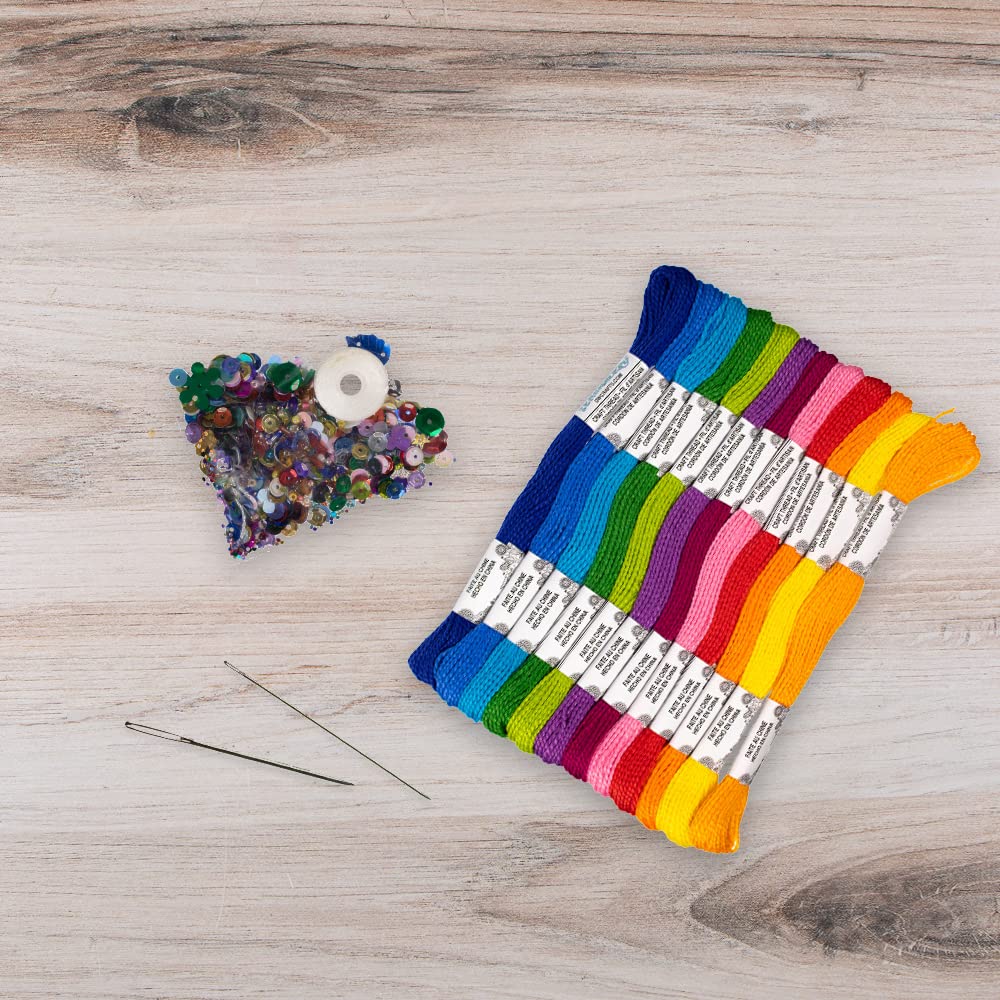 Embroidery Floss Trim Set – 12 Skeins, 8.7 Yards Each – Assorted Sequins &amp; Beads, 2 Needles, Sewing Thread &amp; Stitch Diagrams