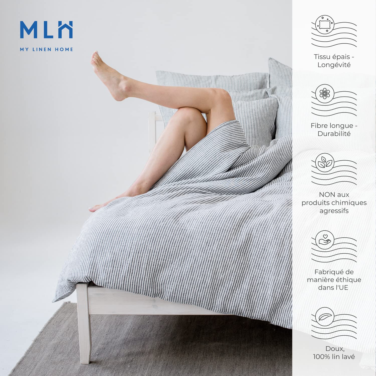 My Linen Home | Parure de Lit - 100% Lin Lavé | 1 Housse de Couette 200x200 avec Fermeture éclair | 2 Taies Oreiller 50x70 avec Fermeture à Revers | Linge de Lit et Oreillers | à Rayures
