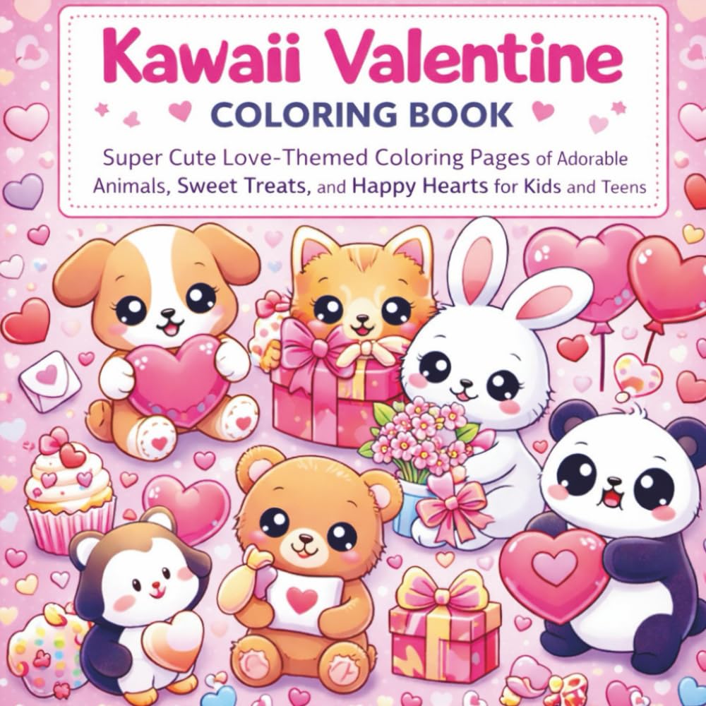 Kawaii Valentine Coloring Book | 50+ Adorable Illustrations |: Super Cute Love-Themed Coloring Pages of Adorable Animals, Sweet Treats, and Happy Hearts for Kids and Teens