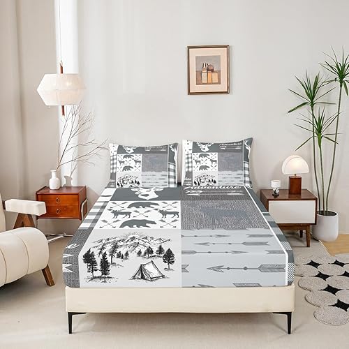 Miniatura 31 de Sábana bajera ajustable de oso de caza, juego de ropa de cama a cuadros de búfalo, sábanas de retazos de cabaña rústica para niños, niños, Multi
