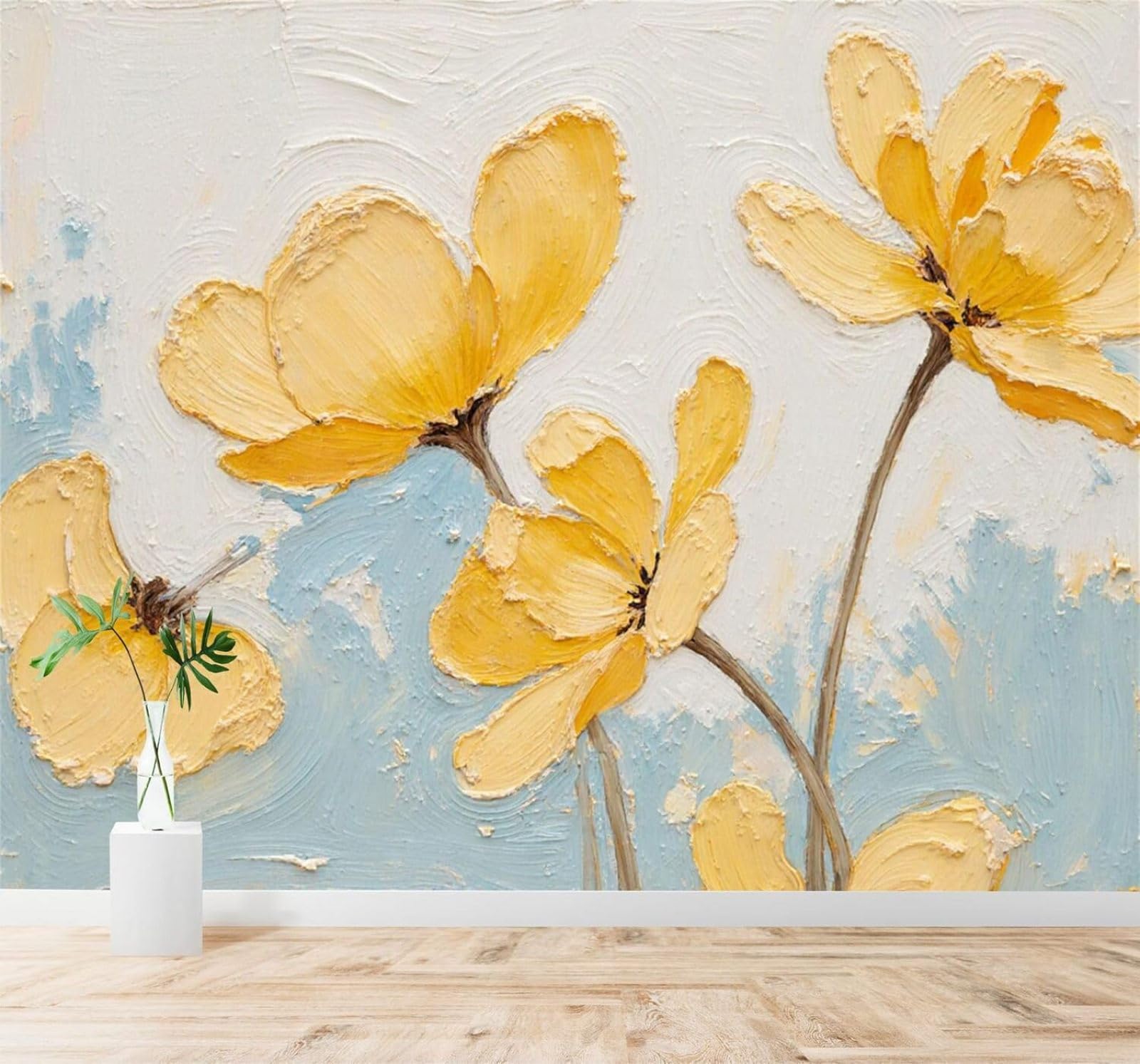 XLMING Minimalist Hand Drawn Yellow Flowers Abstract Blue and White 3D Wallpaper Silky Texture Home Study Office Grey Dining Room Sofa Bedroom Living Room TV Backdrop-300cm×210cm