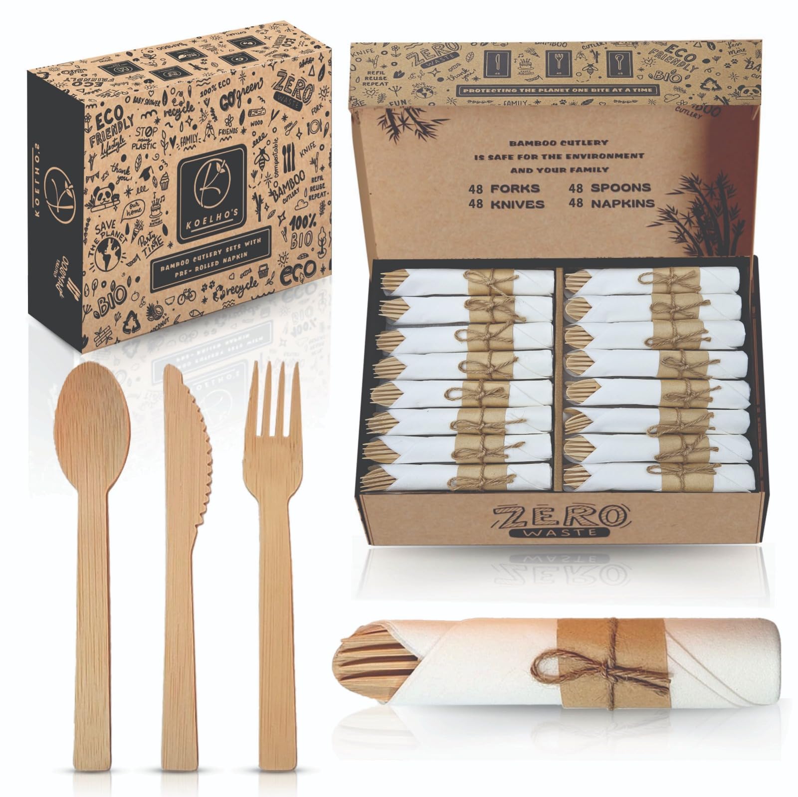 KOELHO'S Juego de cubiertos de bambú 100 % natural, 24 cuchillos, 24 tenedores y 24 cucharas, juego de utensilios de bambú reutilizables para fiestas, bodas, pícnics (paquete de 48)
