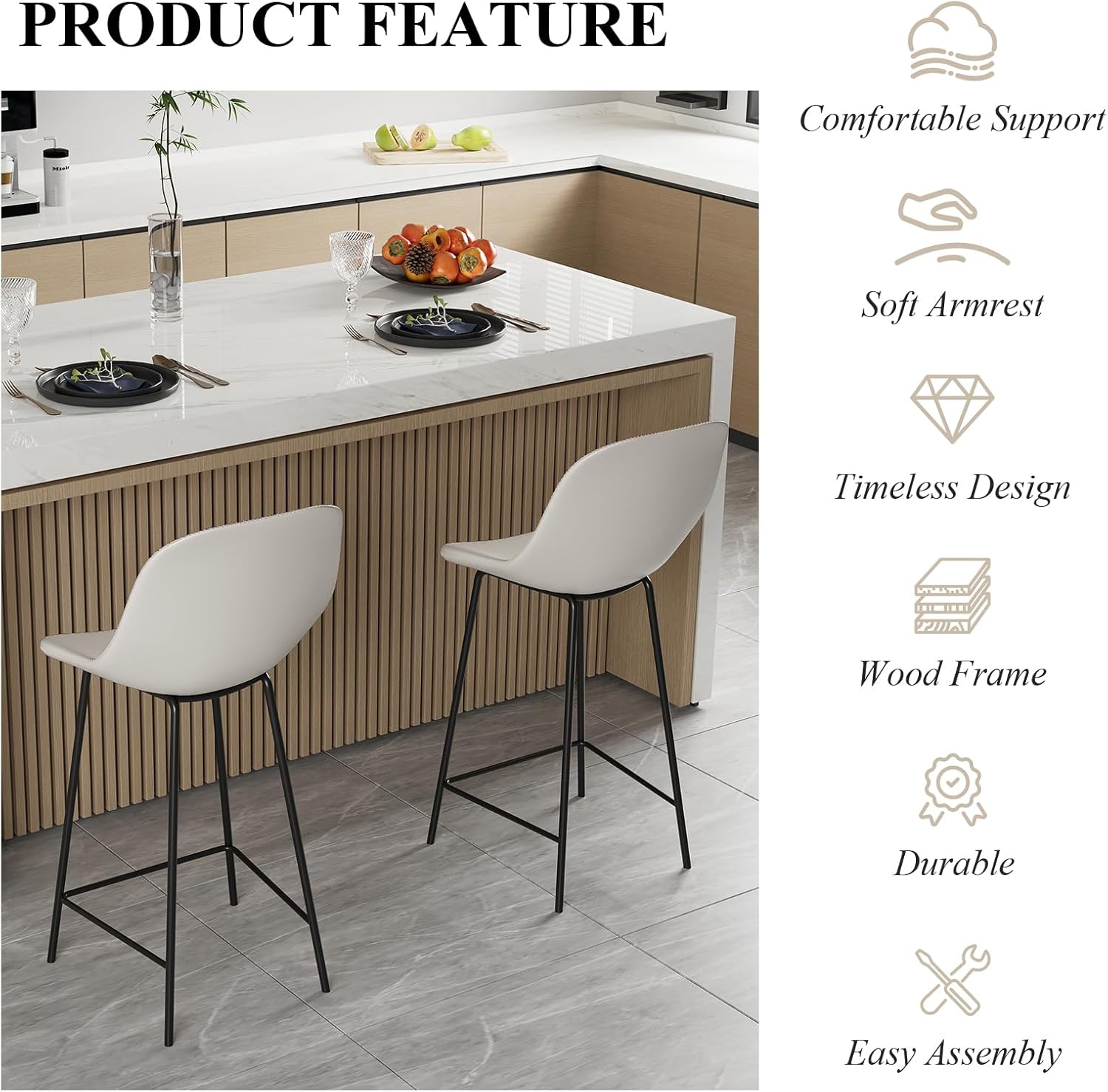NIOIIKIT 26" Bar Stools Set of 2, PU Leather Upholstered Barstool with Ergonomic Backrest, Armless Bar Chair with Metal Legs, Counter Height Barstools with Footrest for Kitchen (Beige)