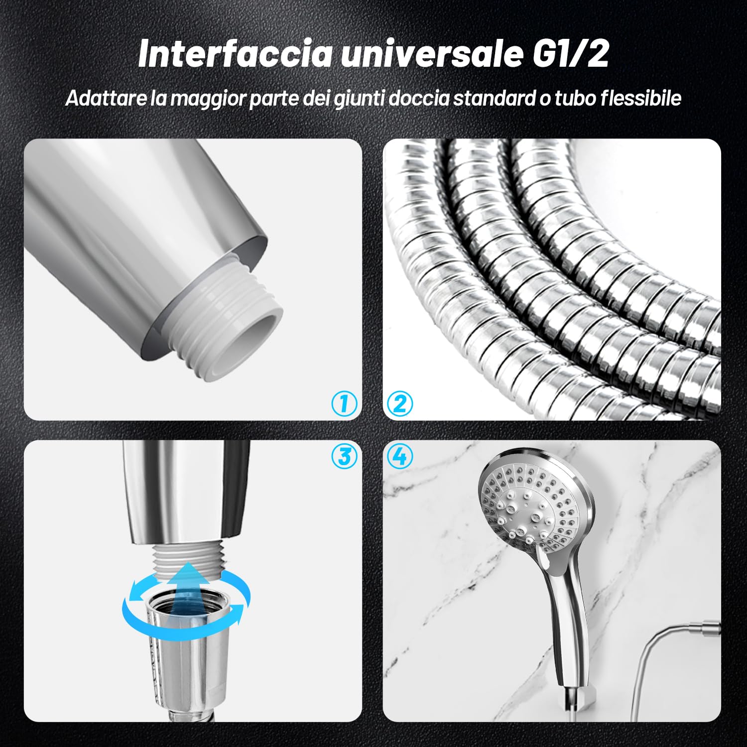 VEHHE Soffione Doccia con 1.5m Tubo, Soffione Doccia Alta Pressione con 5 Modalità, Doccino per Doccia Universale Dimensione Collegare, Doccetta per Doccia con ugello in Silicone Anti-intasamento