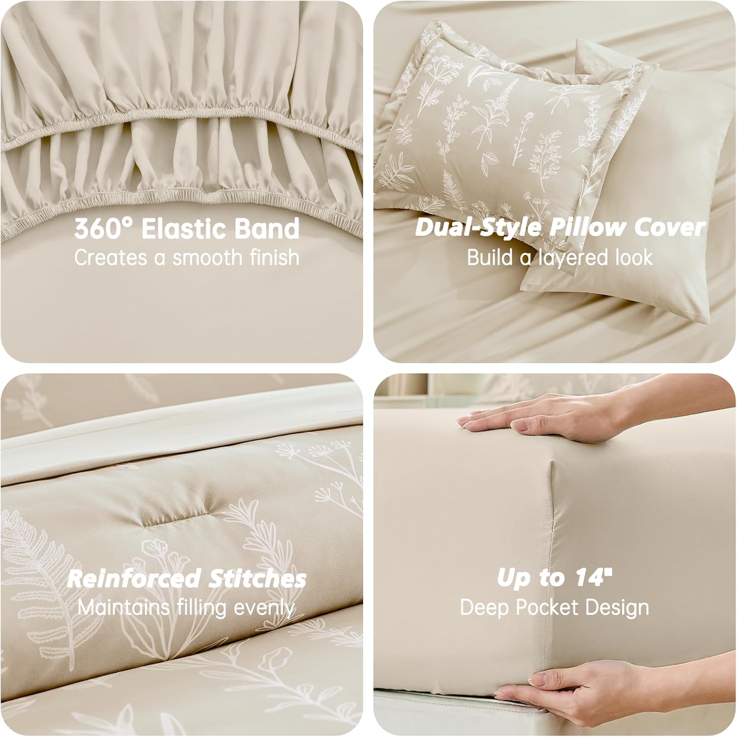 MUXHOMO Beige Full Comforter Set, Elegant Floral Print Bed in a Bag 7 Pieces, Ultra Soft & Breathable Reversible Botanical Pattern Bedding Set with Comforter, Sheets, Pillowcases, and Shams - Image 7
