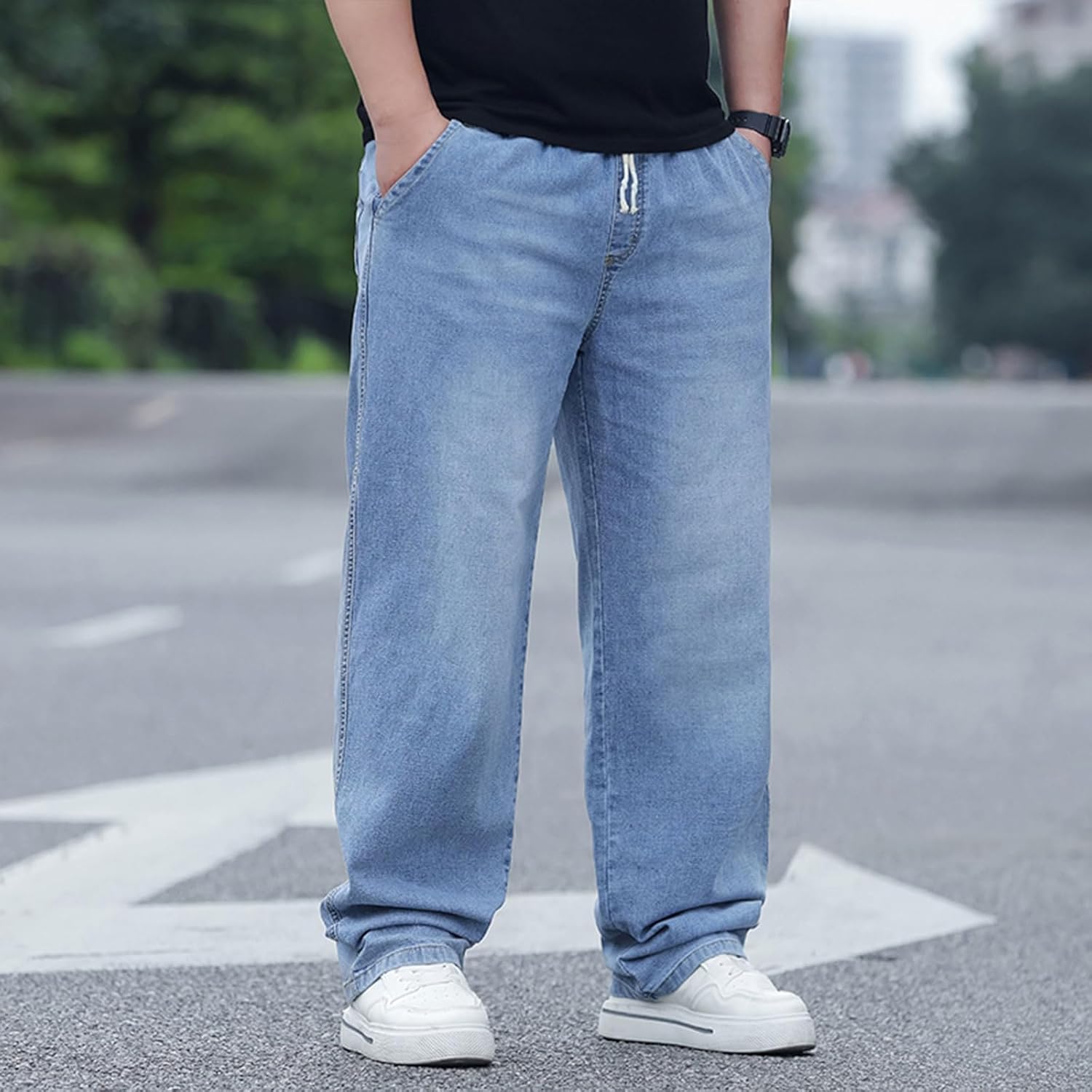 Plus Size Baggy Jeans for Men Elastic Waist Pull On Denim Pants Drawstring Straight Loose Jean Sweatpants L-5XL - Image 3