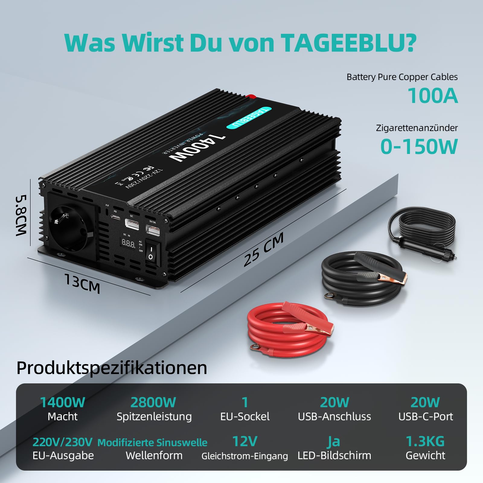 Falownik 1400 W, 12 V na 230 V, przetwornica napięcia 12 V 230 V | Z 1 gniazdkiem, typ C 20 W, szybkie ładowanie USB 20 W, wskaźnik LED