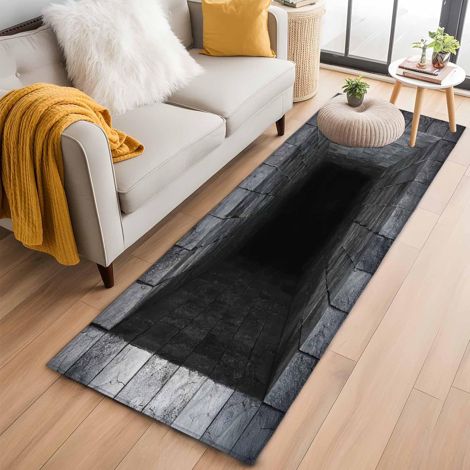 Optical Illusion Kitchen Runner Rug 2x6 Washable Runners for Hallway Non Slip Abstract 3D Large Area Rug Black Grey Looks Like Holes Indoor Carpet for Bathroom Laundry Entryway Bedroom Living Room