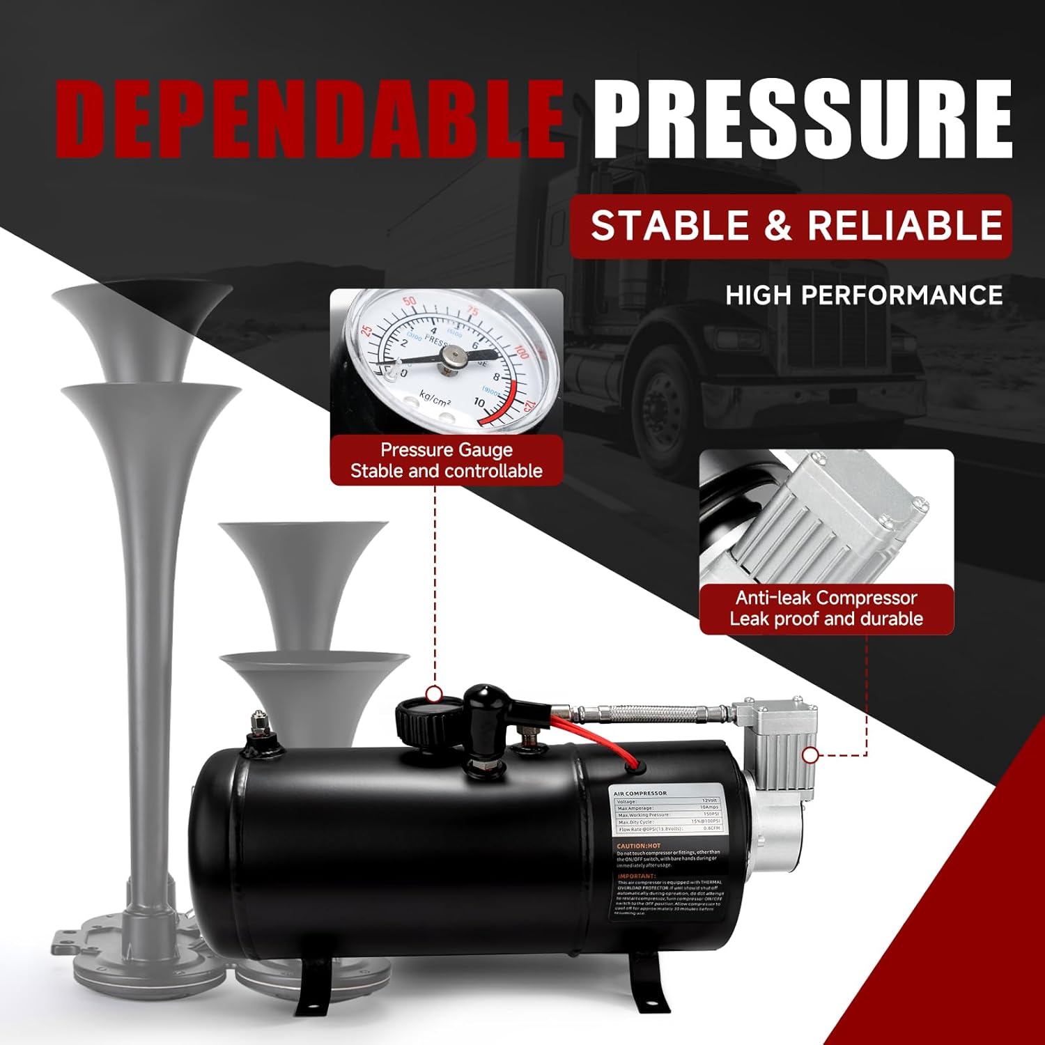 12V 150 PSI 1.6 Gallon Air Compressor with Air Tank, Air Pump for Train Horn, Air Horn, Tire Inflation, Air Mattresses (1.6 gal Black)