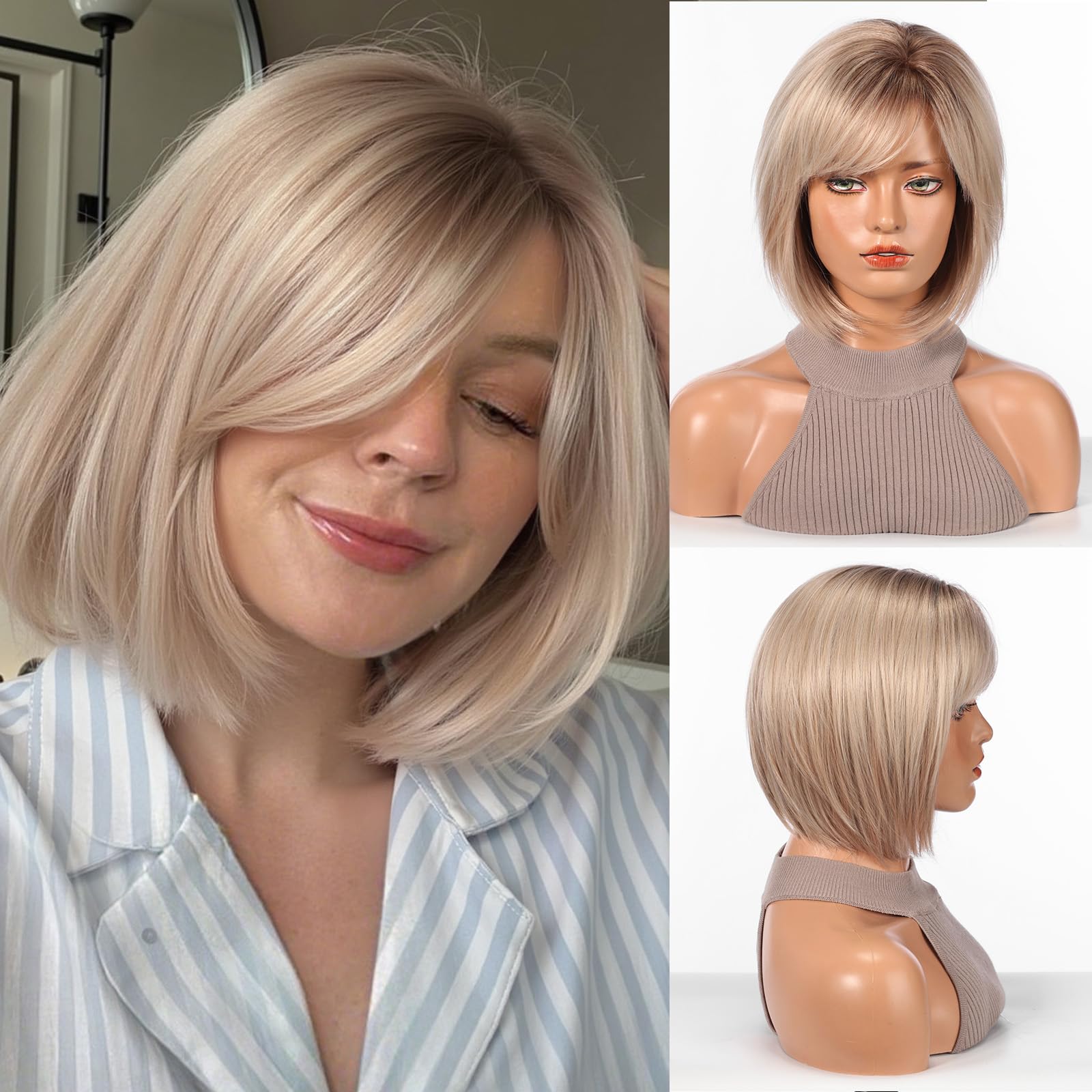 HAIRCUBE Bob Wigs for Women, Short Synthetic Wig with Bangs, Heat Resistant Natural Wig, Light Blonde