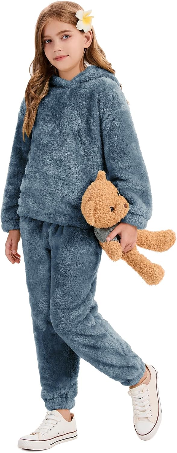 Flygo Girls Fuzzy Pants Set Crop Hoodie Bear Ear Two Piece Outfits Fluffy Sweatshirt and Fleece Pants Sweatsuit - Image 2