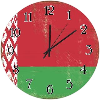 Belarus Country Souvenir Decorative Wall Clock Belarus Flag Clocks Battery Operated Silent 15inch Round Wall Clock Farmhouse Wall Decor National Flag Wooden Decorative Clocks for Kitchen Bedroom