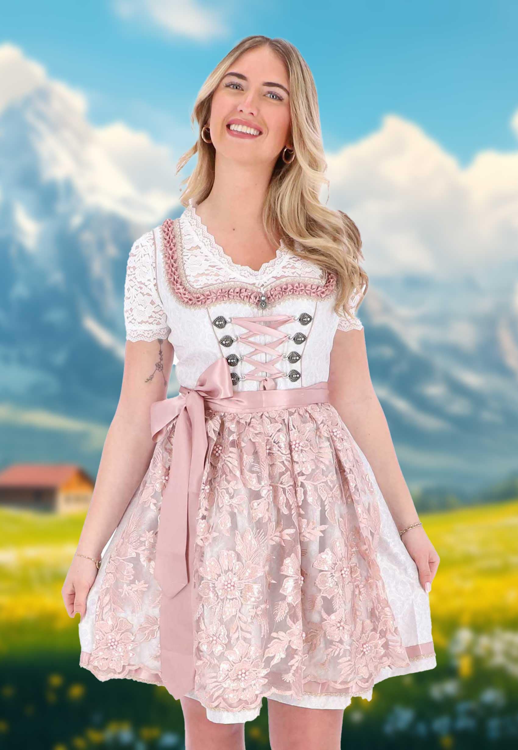 Steigenhöfer Manufaktur Dirndl Damen im Set - Oktoberfest Outfit - Set enthält Kleid Bluse und Schürze - Midi Dirndl mit 60cm Rocklänge - Miederhaken mit funkelnden Steinen und Perlen - Vicky