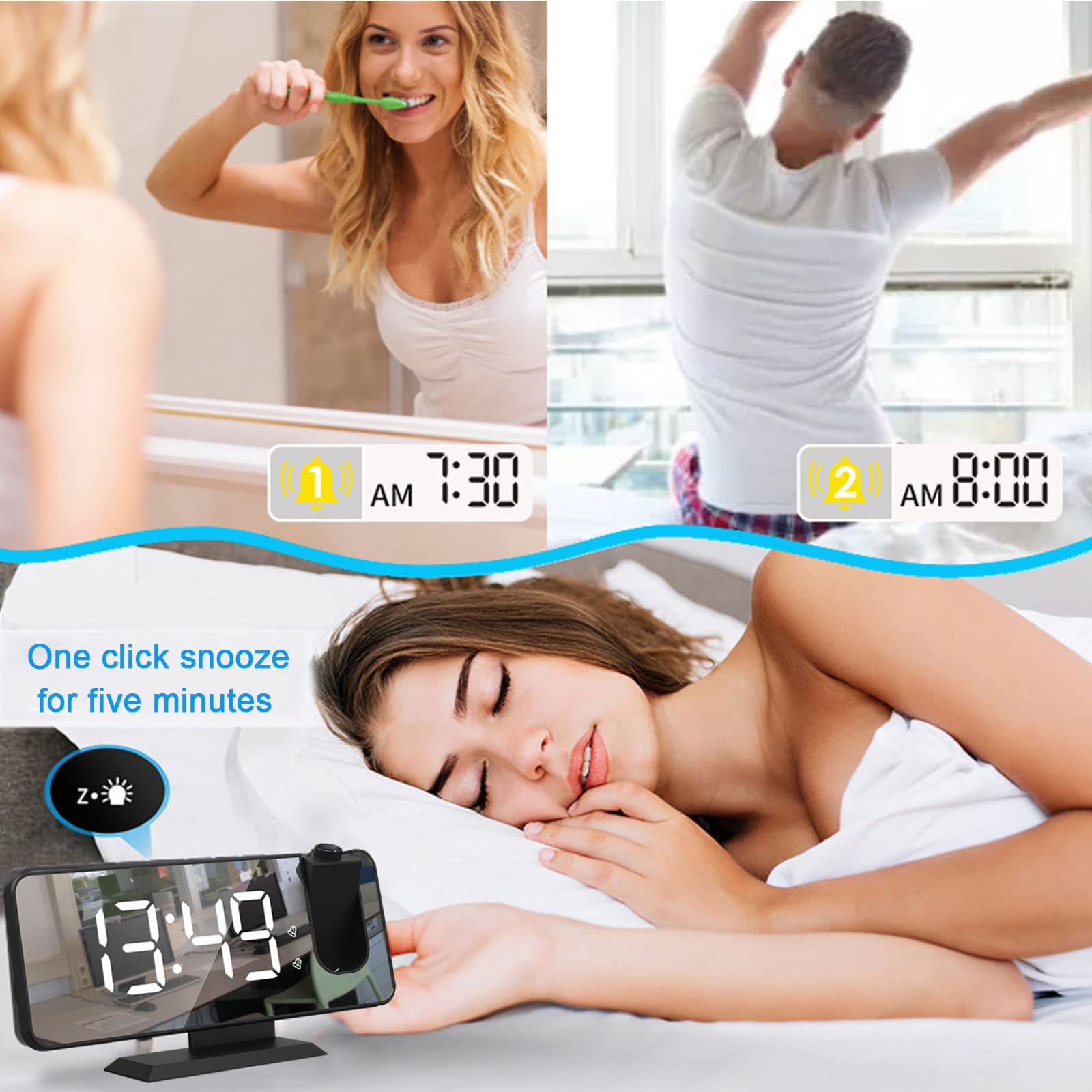 Projector Wearmklok met 180 ° roteerbare projector, High Helderheid LED -display, datumdisplay, nulstraling, digitale wekker voor slaapkamer,Black