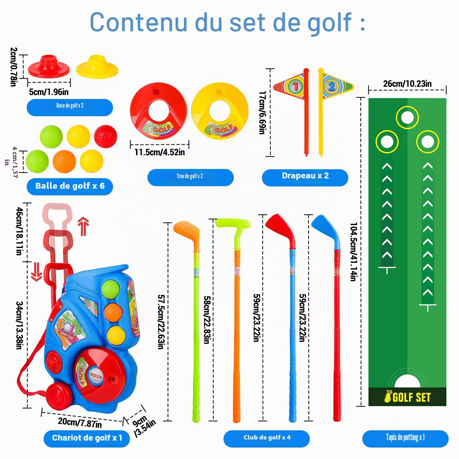deAO Kit Golf Enfant 3-6 Ans avec 6 Balles + 4 Cannes & 2 Cibles - Jeu Éducatif Motricité Fine Intérieur/Extérieur Mallette Bleu | Idéal Cadeau Garçon Fille