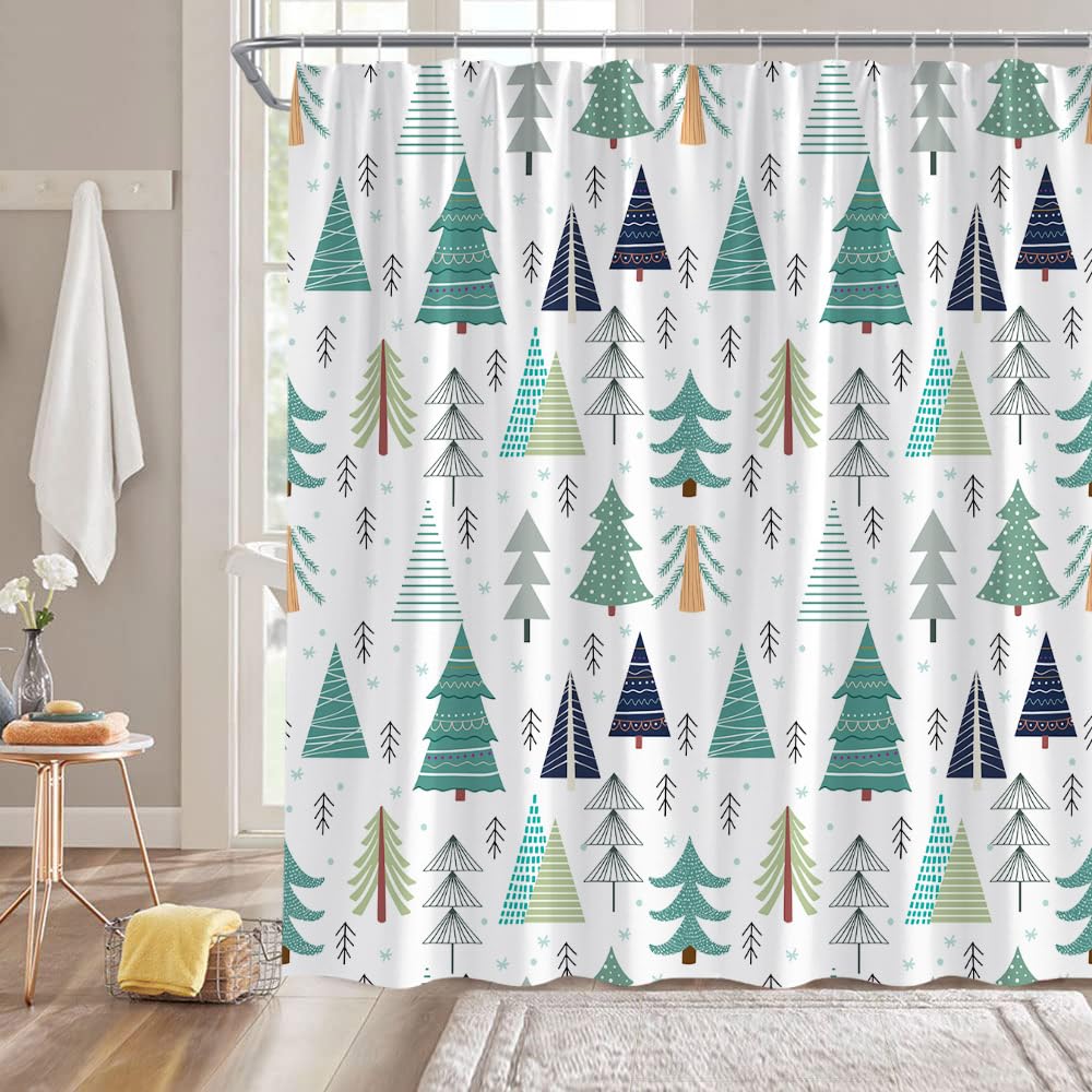 DSMEUE Christmas Tree Shower Curtain - Pink Xmas Tree Snowflake Pattern Fabric Bathroom Decor (70x70 Inches) - View #9