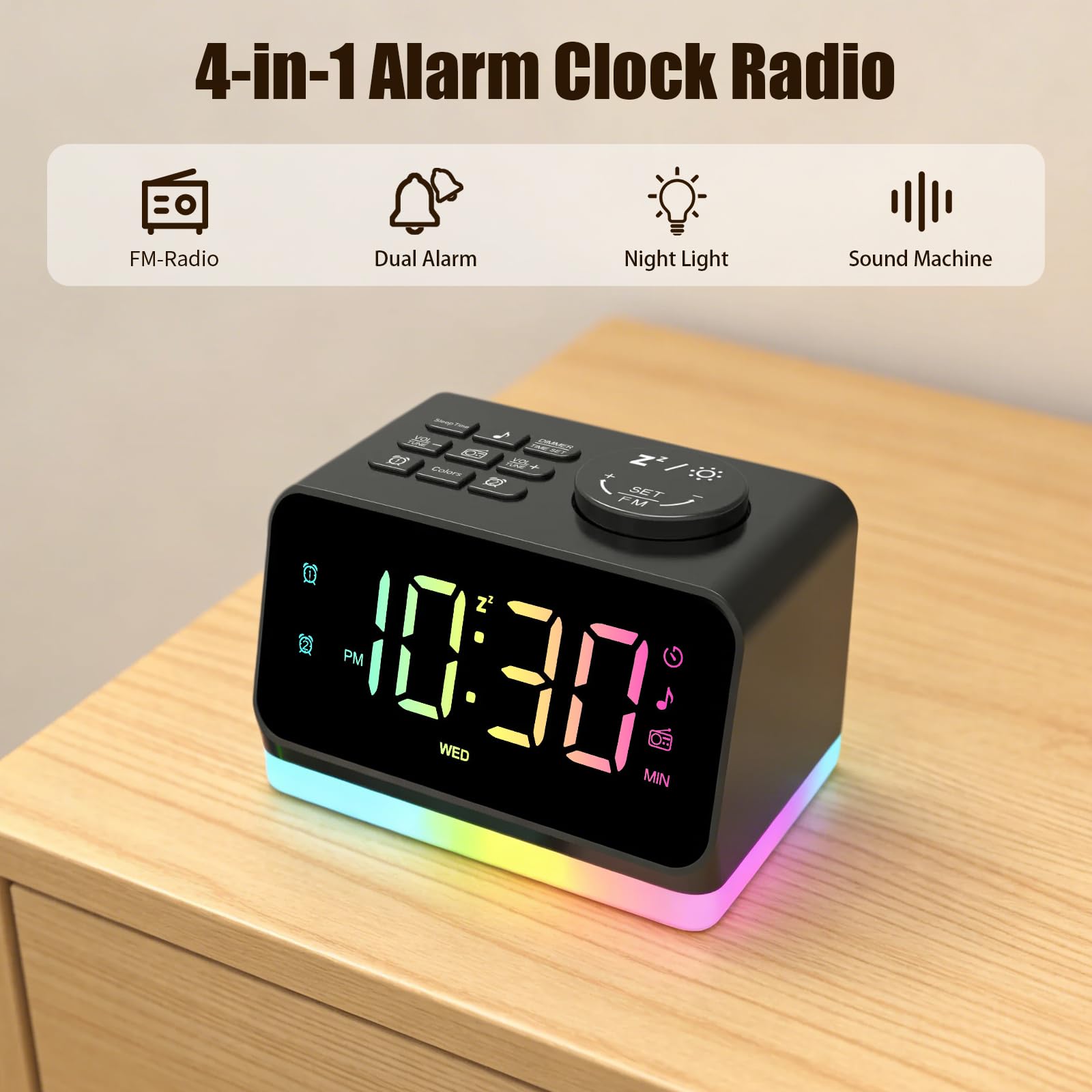 Digitaler Radiowecker für das Schlafzimmer – 8-farbiges Nachtlicht (0-100% dimmbar), Doppelalarm mit 7 Wecktönen, flexibler Schlaf-Timer (10-480 Min), 2 USB-Ladeanschlüsse, zuverlässiger Netzbetrieb