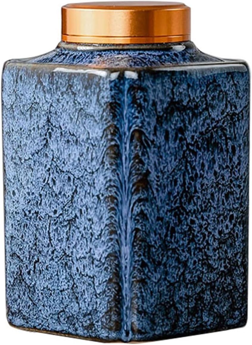 Tea Container Loose Leaf Tea Flower Tea Canister, Small Ceramic Canister for Tea Warehouse, Metal Spiral Sealing Canister, Vintage Square Small Tea Canisters (Blu
