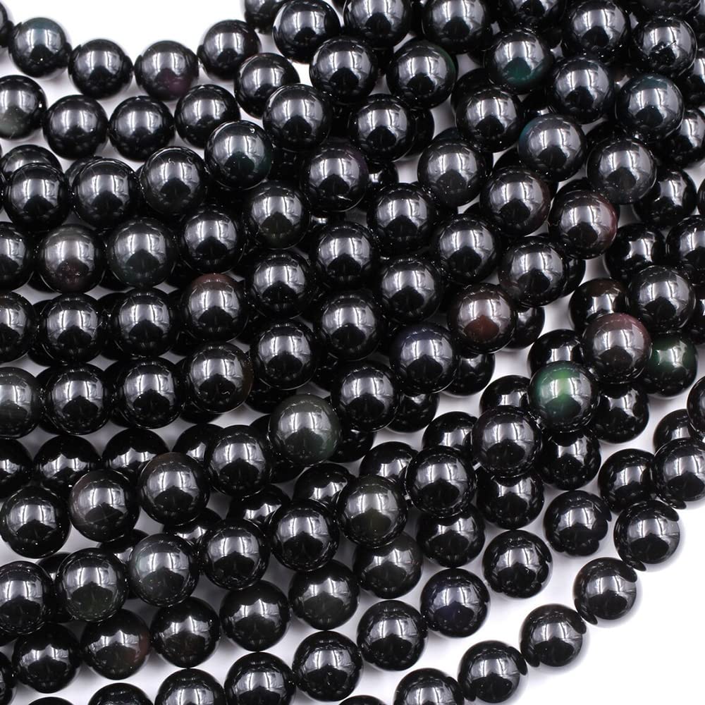 Natural Rainbow Black Obsidian Gemstone Round Smooth Beads 15.5" Strand 4mm, 6mm, 8mm and 10mm for Jewelry Making (8 MM)