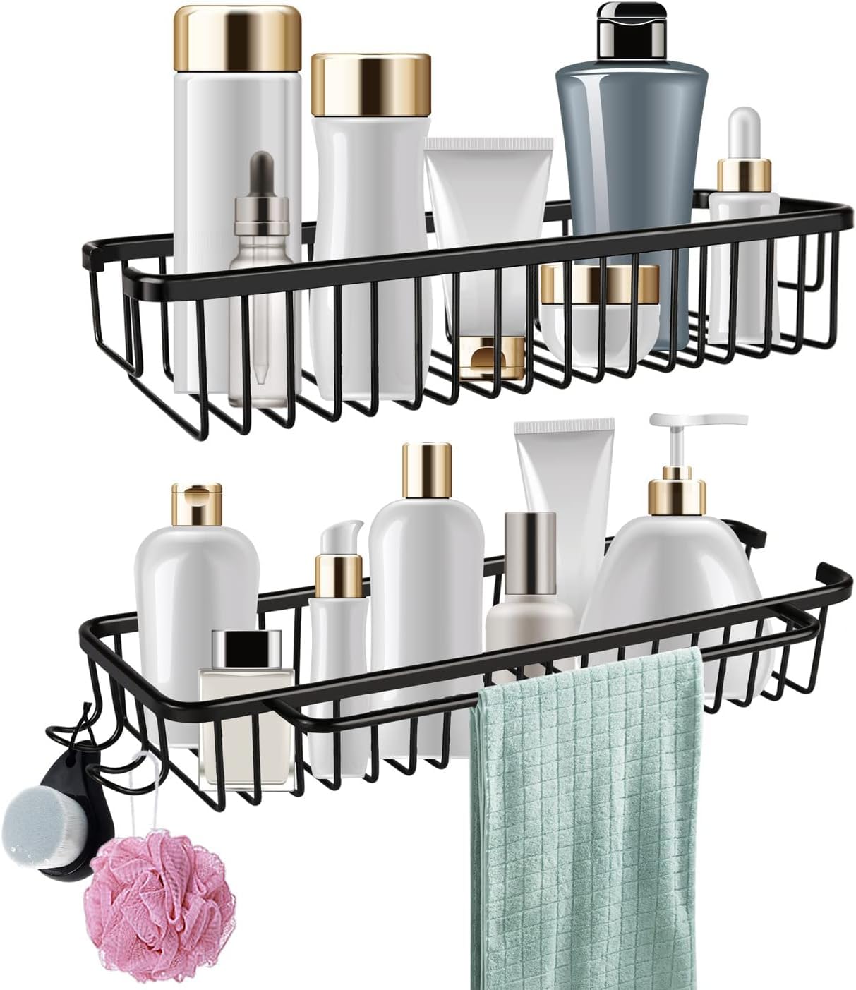 VECELO Adhesive Shower Caddy Basket Shelf for Shampoo Conditioner Sponge Razor Soap Dish Holder Kitchen Bathroom Organizer No