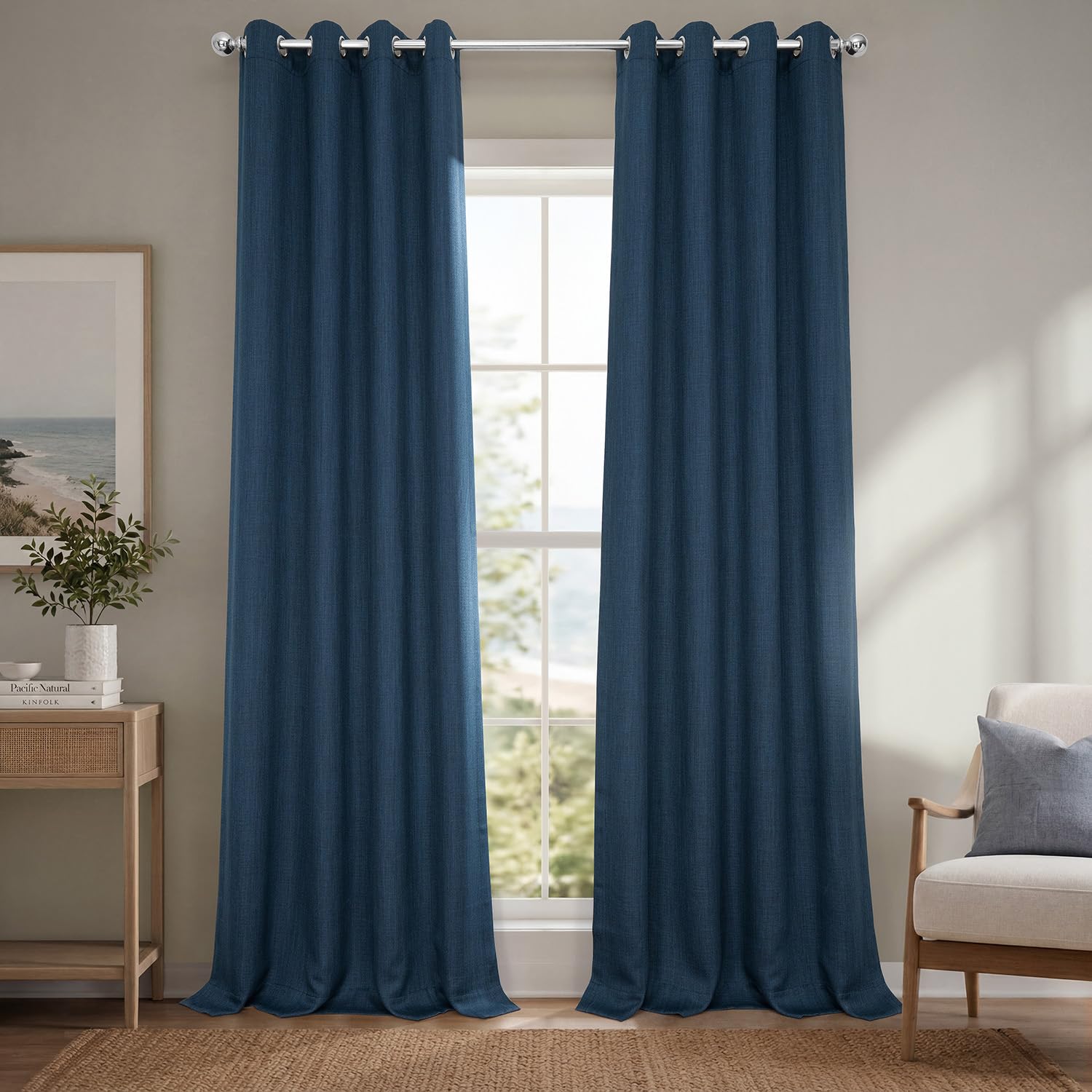 Grommet Faux Linen Curtains for Bedroom (1 Panel) 50W X 84L, Nightfall Navy