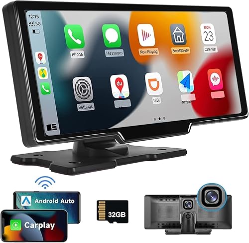 Estéreo de coche inalámbrico portátil Carplay con cámara de tablero de 2.5 K de 9.3 pulgadas, pantalla táctil Android Auto, grabación en bucle