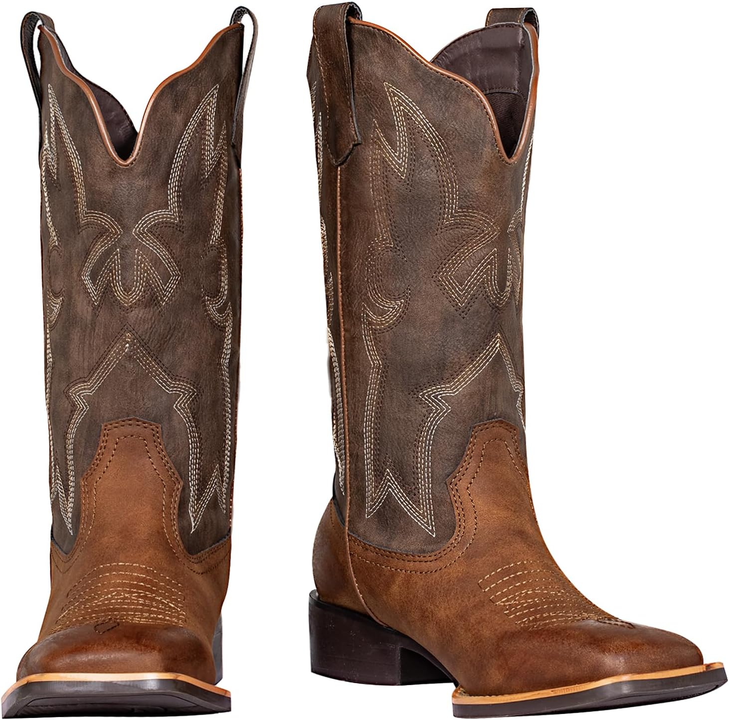 Women's Two-Tone Cowboy Cowgirl Boots - Square Toe,Wide Mid-Calf & Fashion Embroidery Western Ladies Boots for Concert Party