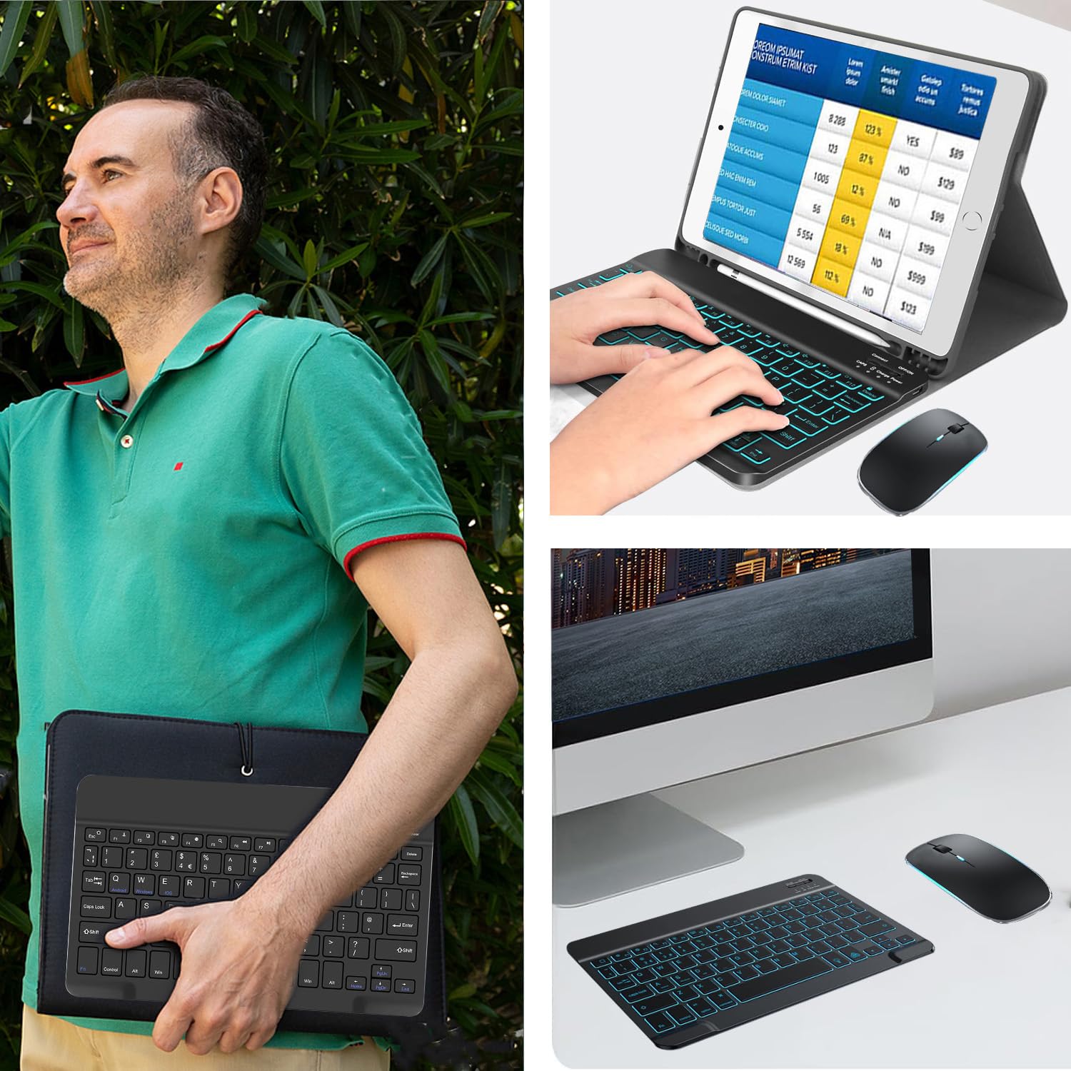 Retroiluminado Teclado y Ratón Inalámbrico Bluetooth, Teclado y Ratón Recargables Silenciosos y Portátiles para iPad Tablet/PC/iOS/Android/Windows, QWERTY Español Ñ, Retroiluminado