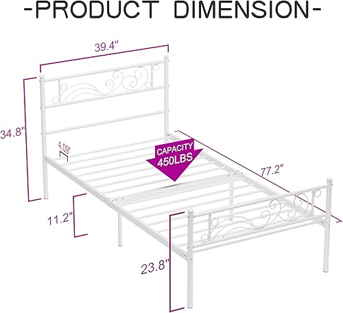 Miniatura 2 de Weehom Base de cama de tamaño individual con cabecero, no necesita somier, plataforma individual para niños, color blanco Blanco,Rosado,Púrpura,Negro