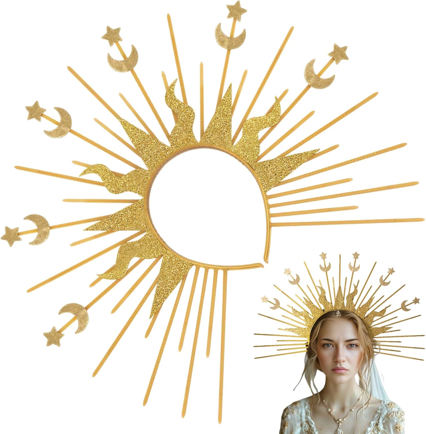 Halloween Halo Sun Headband Gold Sunburst Star Moon Crown Headpiece Spiked Headdress for Women Girls Halloween Cosplay Wedding Gothic Costume Accessories
