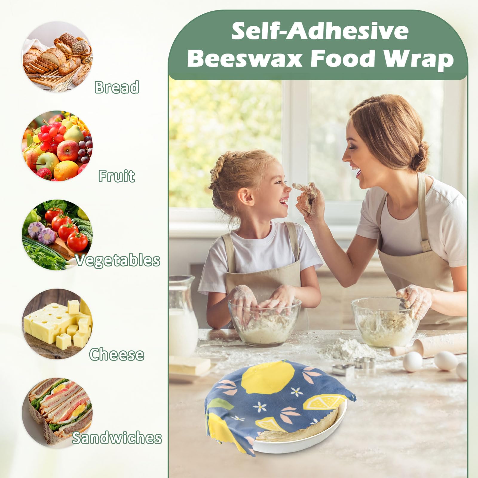 9 Pezzi Bee Wrap, Involucri Alimentari Riutilizzabili in Cotone Biologico e Cera d'Api Naturale, Pellicola Lavabile per Pane, Formaggio e Frutta, 3 Dimensioni (5S, 3M, 1L)