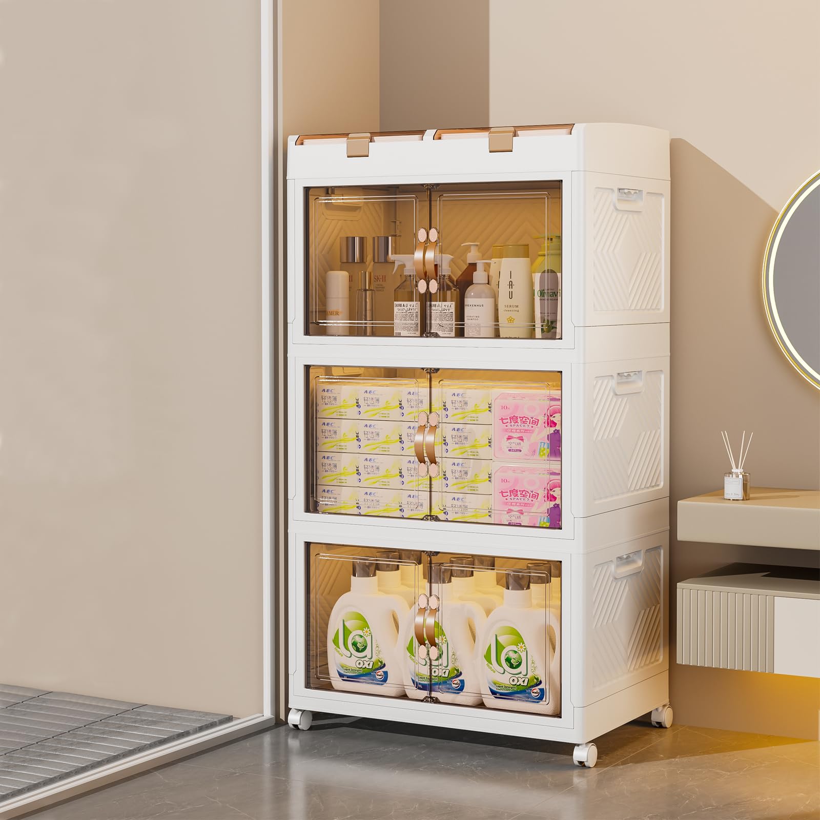 Caja de almacenamiento de plástico con tapa, organizador de armario plegable de 166 L, unidad de almacenamiento apilable con ruedas, cubos de almacenamiento con puerta de apertura para cocina, baño,