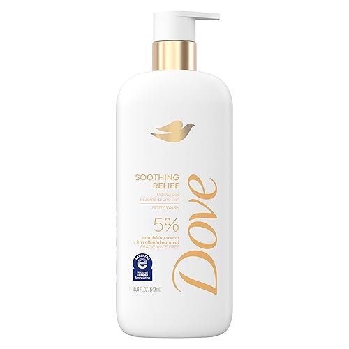 Dove Gel de baño sin fragancia Alivio calmante Hidrata la piel propensa al eccema 5% suero nutritivo con avena coloidal 18.5 oz