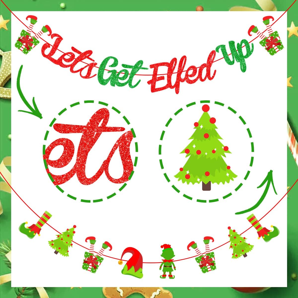 Let's Get Elfed Up Banner Christmas Holidays Decorations Red and Green Merry Christmas Banner Garland Elfed Party Decorations for Mantle Fireplace Winter Holiday Indoor Outdoor Party Supplies