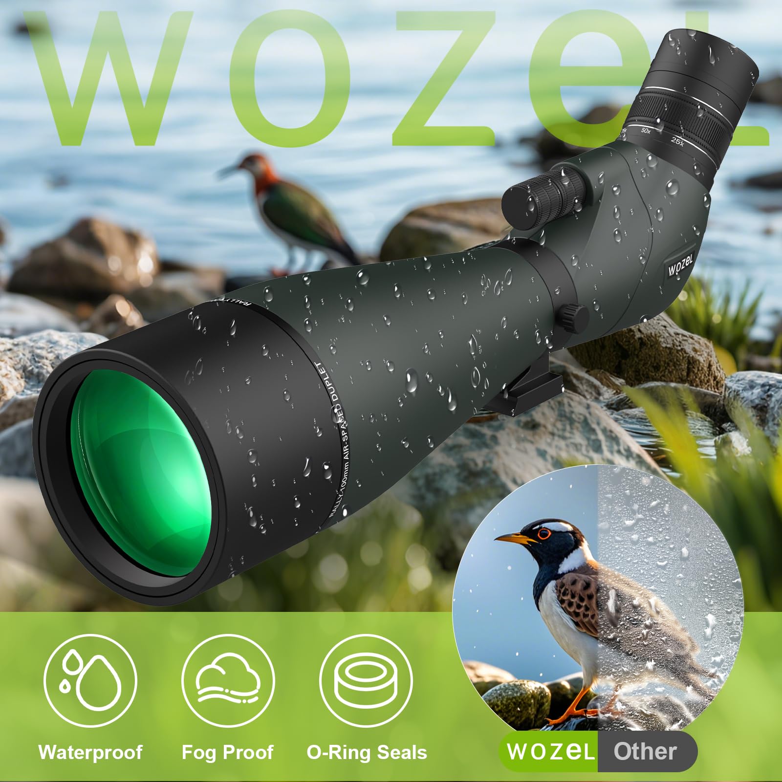 WOZEL Lunette d'observation HD 25–75 x 100 mm – Prisme BAK4 coudé à 45 degrés haute définition étanche pour observation des oiseaux, tir sur cible, chasse, observation de la faune sauvage avec sac de