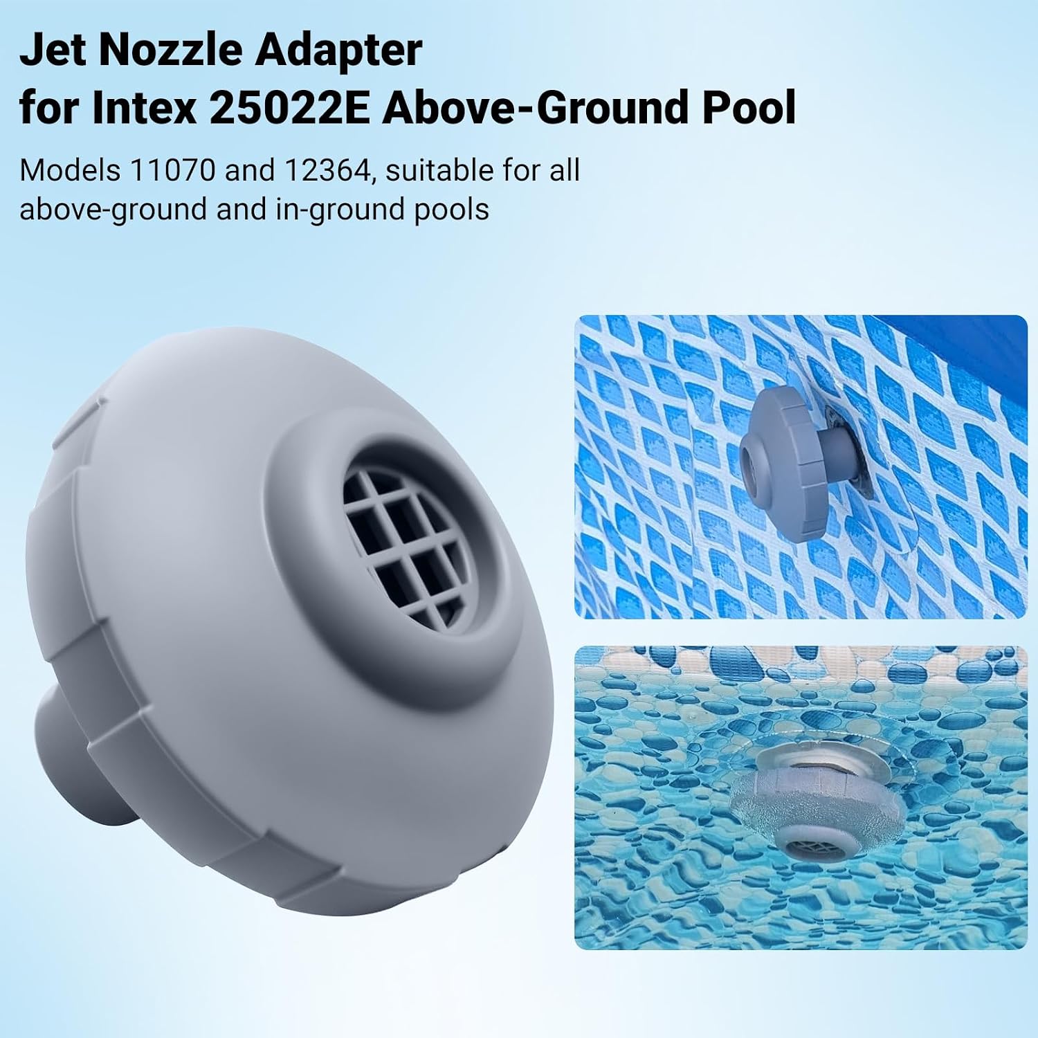 Pool inlet and outlet nozzle connectors 11070 and 12364, 1-1/4 inch fitting water jet filter connectors, suitable for Intex 25022E and 26005E above-ground pools as replacement nozzle connectors.