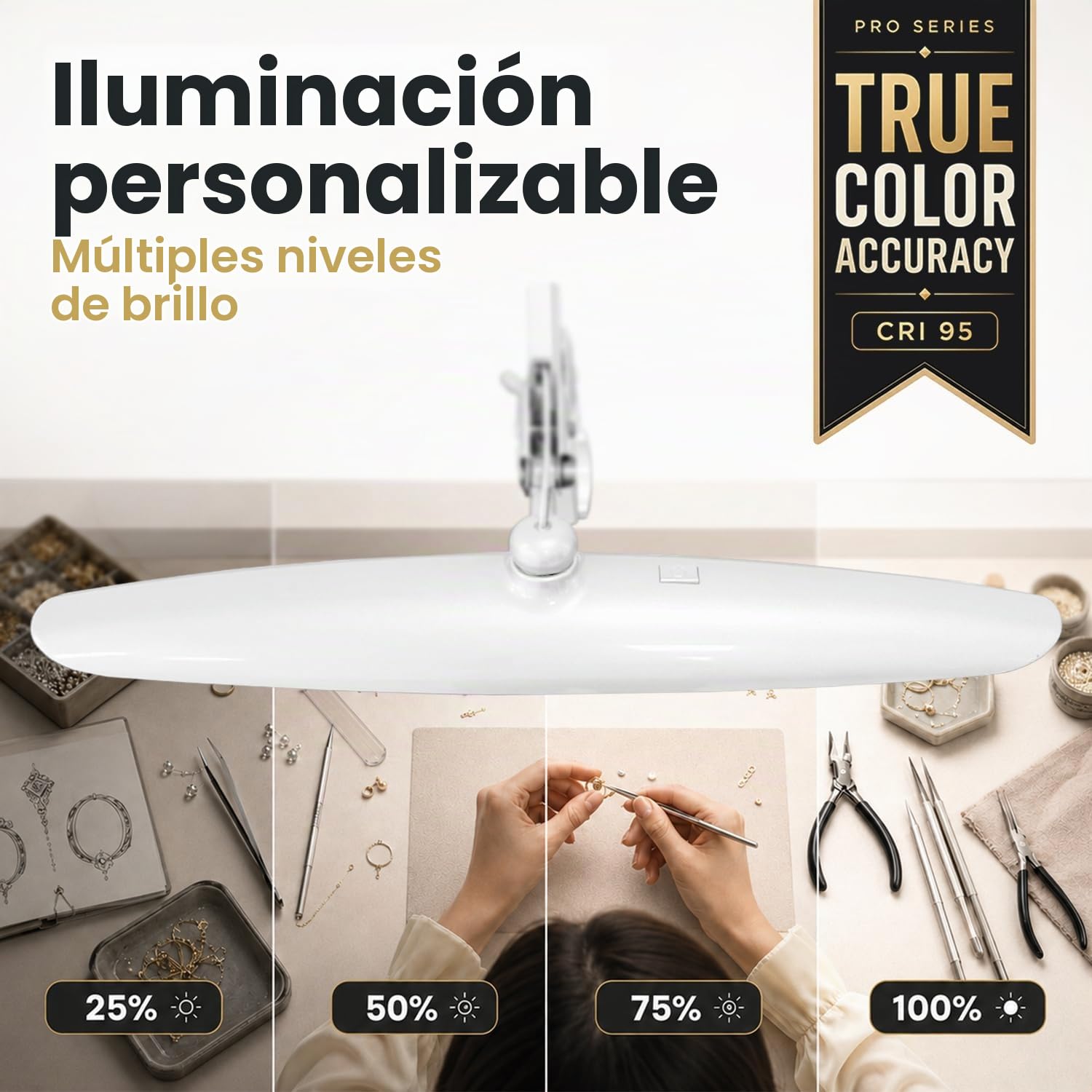 Neatfi Pro Series Lámpara LED de Escritorio – Precisión de Color Real (CRI 95) | 2.200 lúmenes | Modos CCT ajustables | Cabezal Ancho de 51 CM | Regulable con brazo ajustable y abrazadera (Blanco)