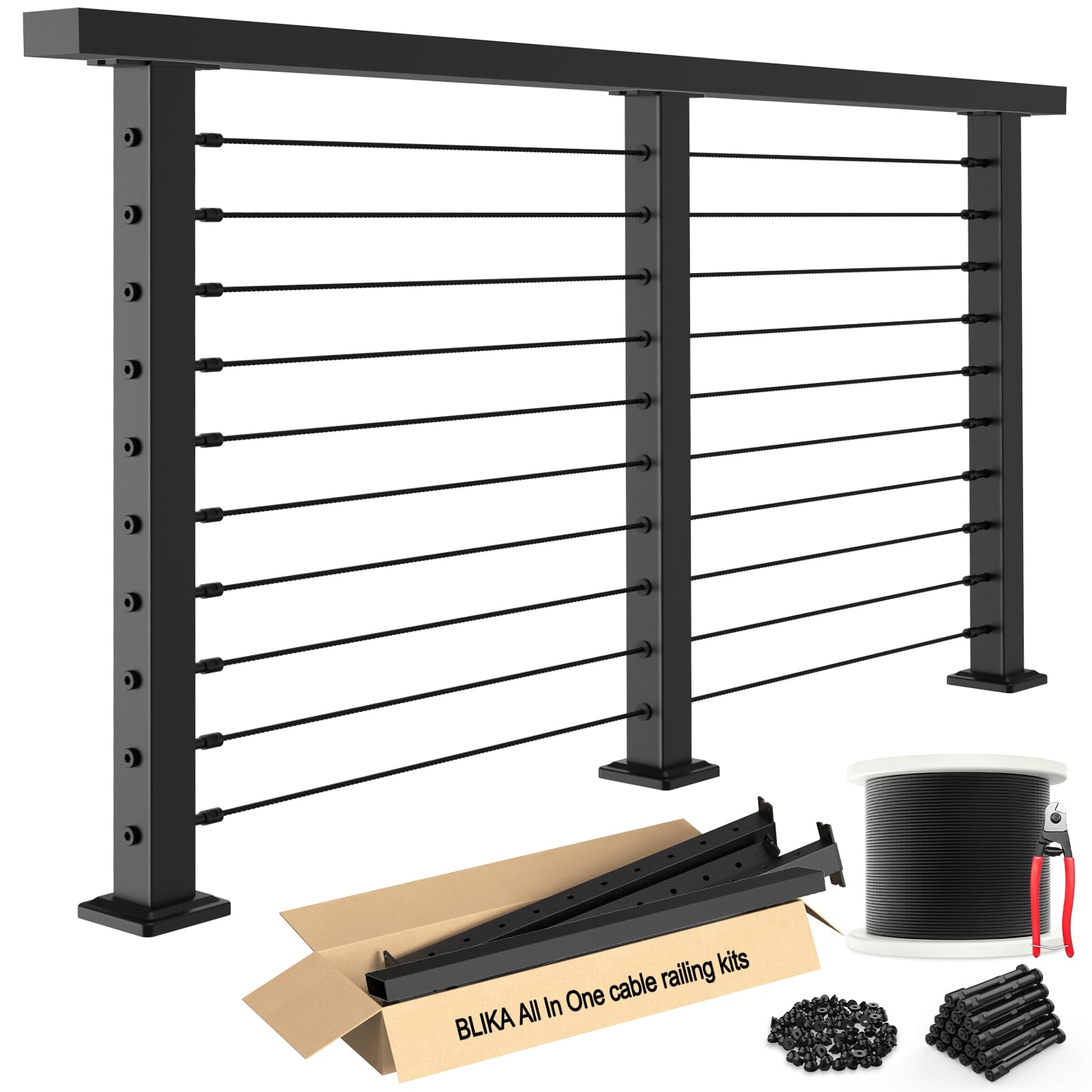 Photo 1 of *Box damaged* BLIKA 6'6" Complete Set 36" Cable Railing Post Kits, Surface Mount Deck Cable Railing System with Handrail & Swageless Tensioner, Pre-Drilled Black Stainless Steel Cable Railing Posts