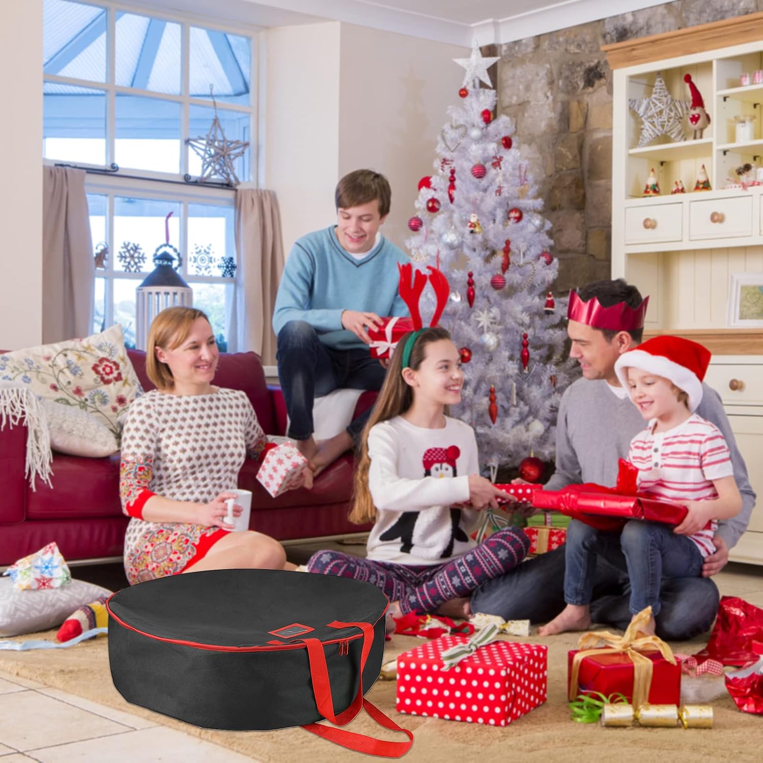 Black Christmas Wreath Storage Container, Round Christmas Wreath Bag for Mini Artificial Wreath, Oxford Cloth Holiday Garland Storage Holder Large Dual Zippered Wreath Storage with(24in)